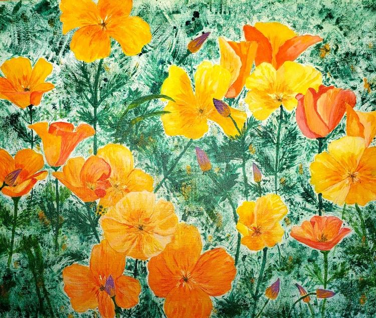 A painting of golden poppies on a green background.