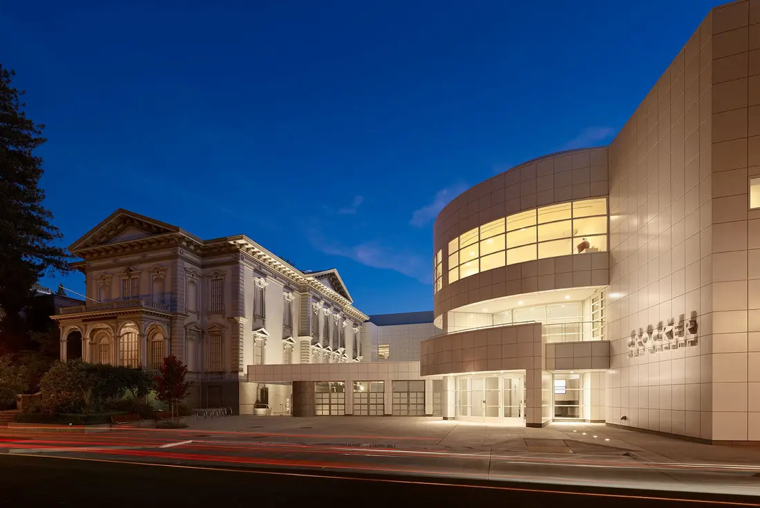 A photo of the Crocker Art Museum including the historic and contemporary building.