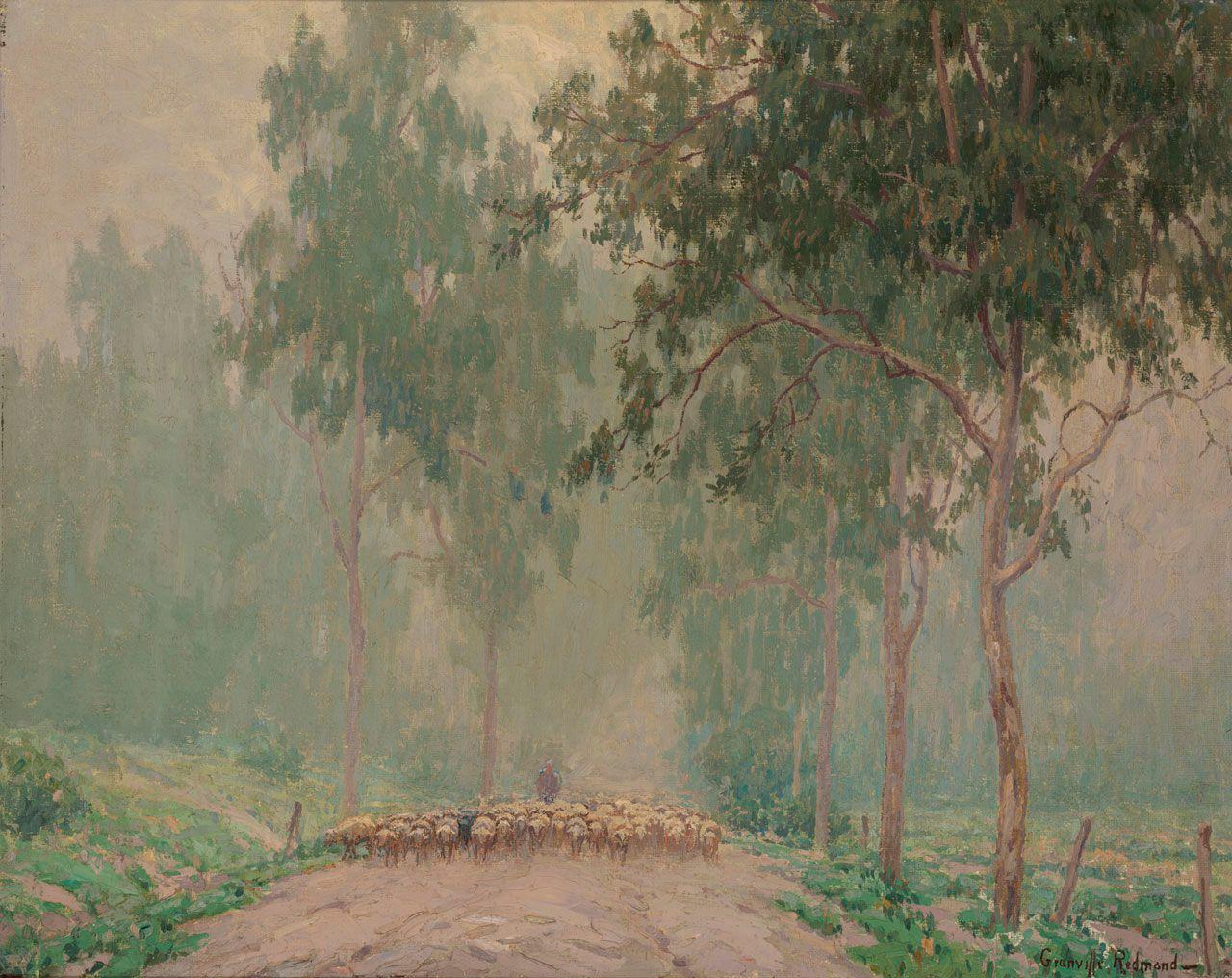 A Shepherd and his Flock in the Early Morning Mist